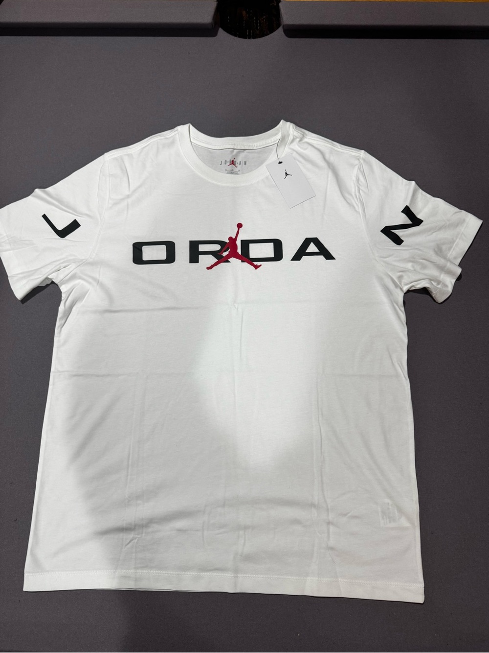 Jordan White Graphic Tee with Black Logo and Red Jumpman